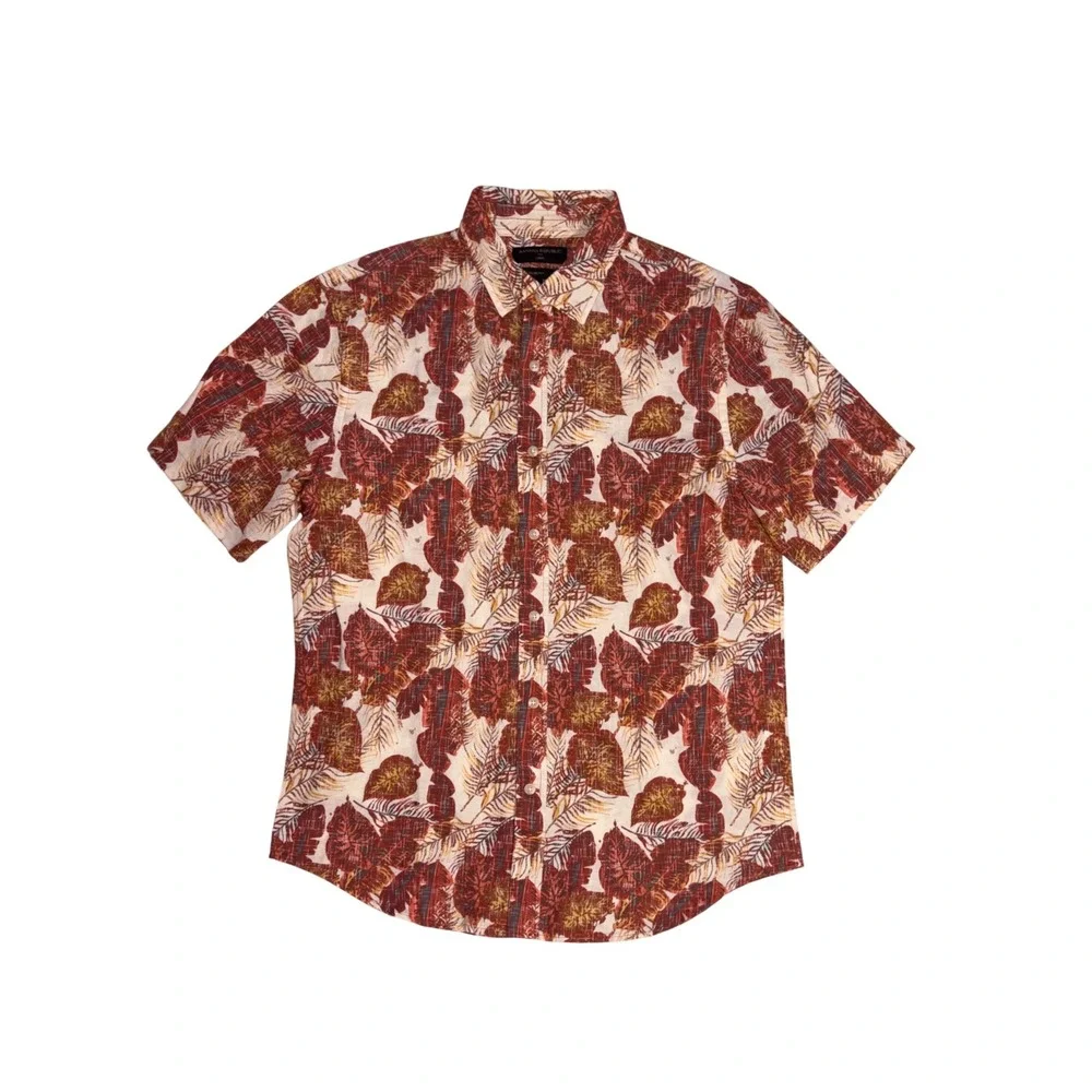 Banana Republic Linen Shirt Camp Mens Medium Red Hawaiian Floral Slim Fit